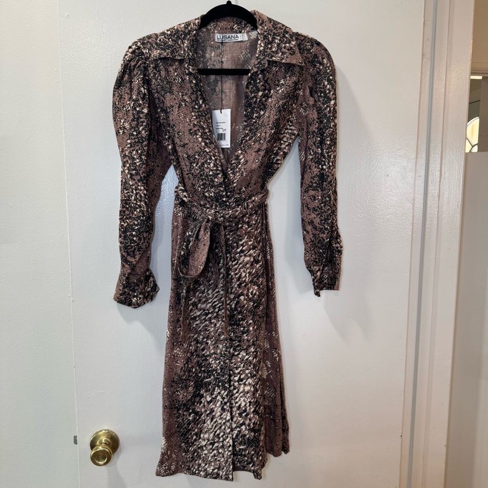 LUSANA Aida Mini Dress Sandstone Print 100% Linen, Belted Size S NWT